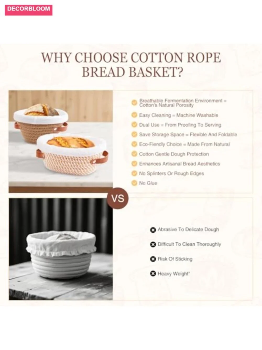6-Piece Mini Bread Proofing Basket Set, Cotton Rope Sourdough Baking Supplies